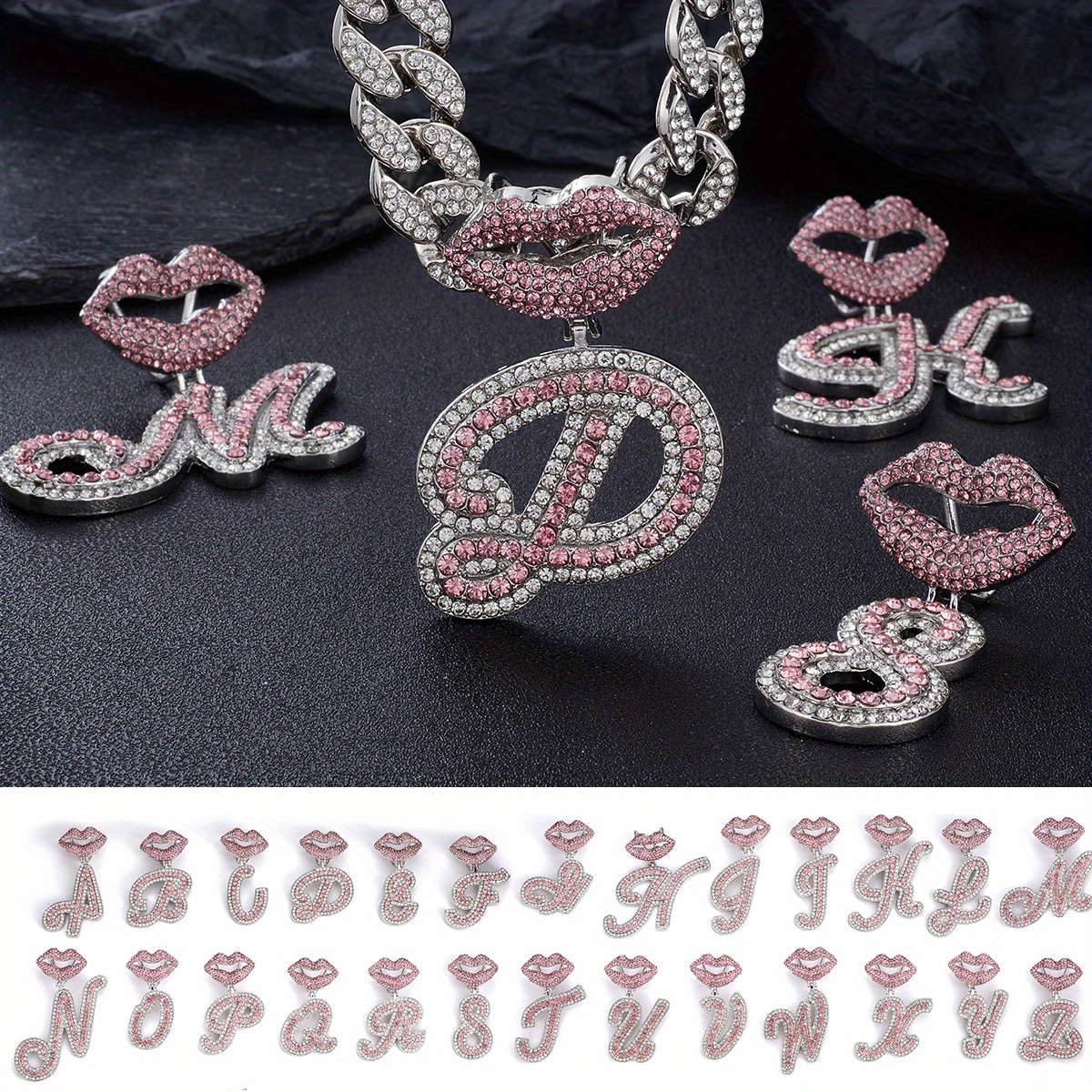 shiny sexy pink-1pc shiny sexy pink lip initial pendant with iced cuban chain for men and women hip hop charm choker necklace details 1