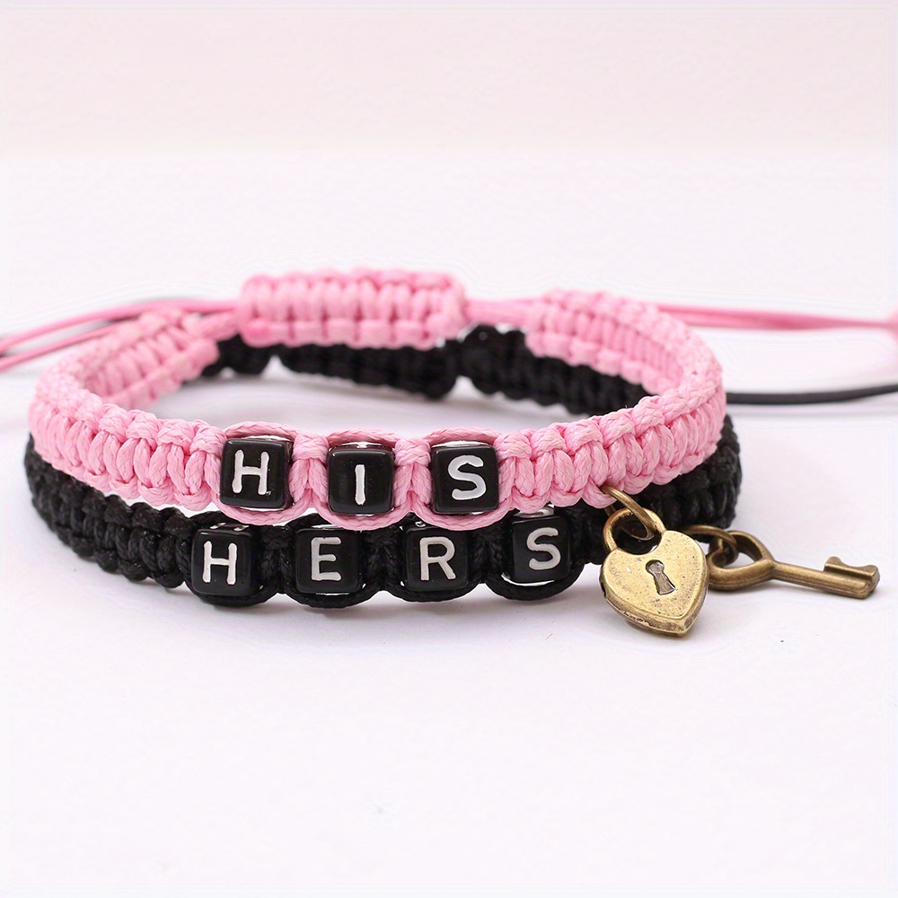 2pcs his hers couple bracelet couple lovers pendant woven rope bracelet for men women details 0