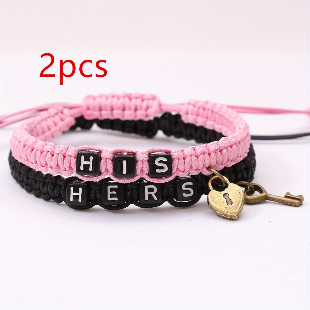 2pcs his hers couple bracelet couple lovers pendant woven rope bracelet for men women details 1