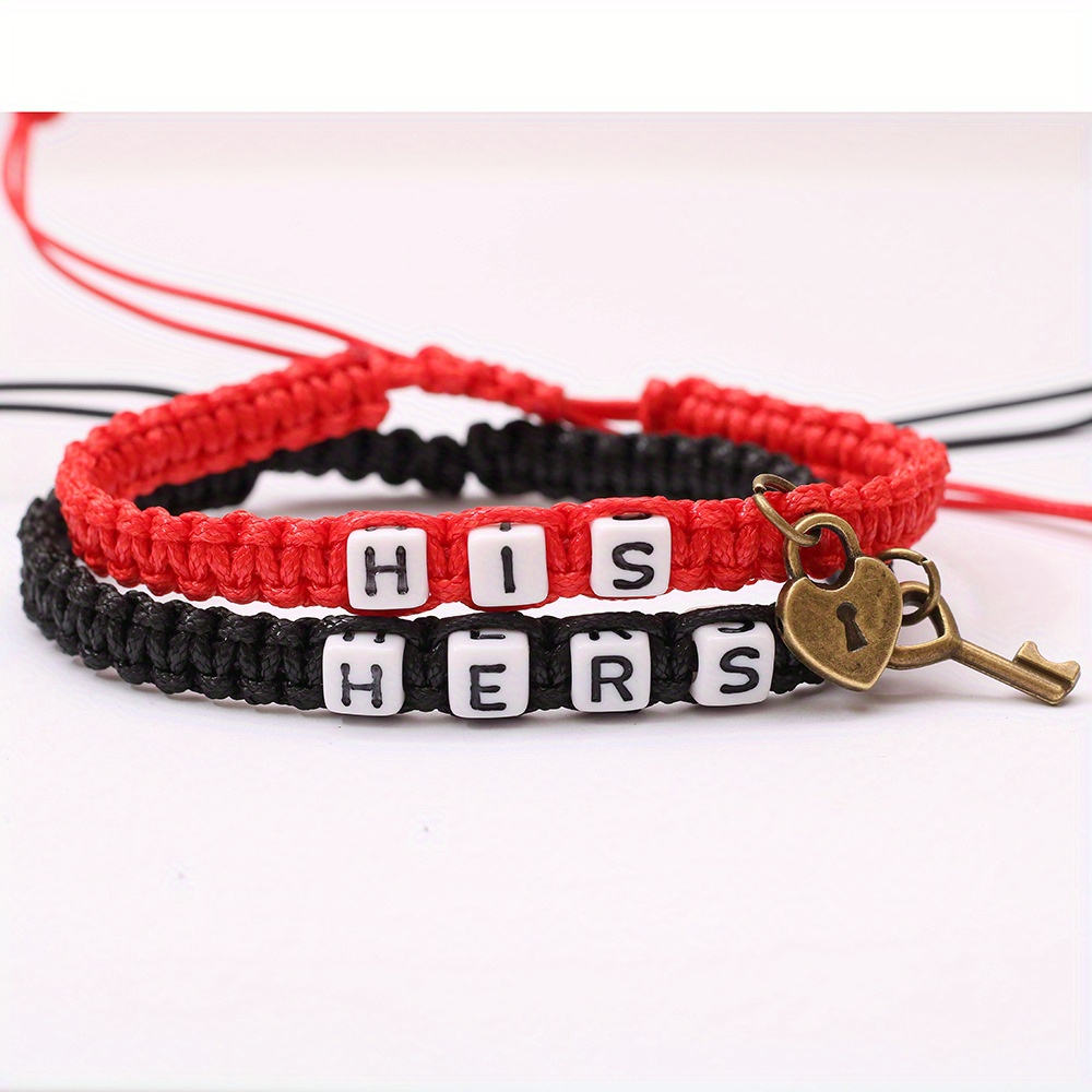 2pcs his hers couple bracelet couple lovers pendant woven rope bracelet for men women details 4