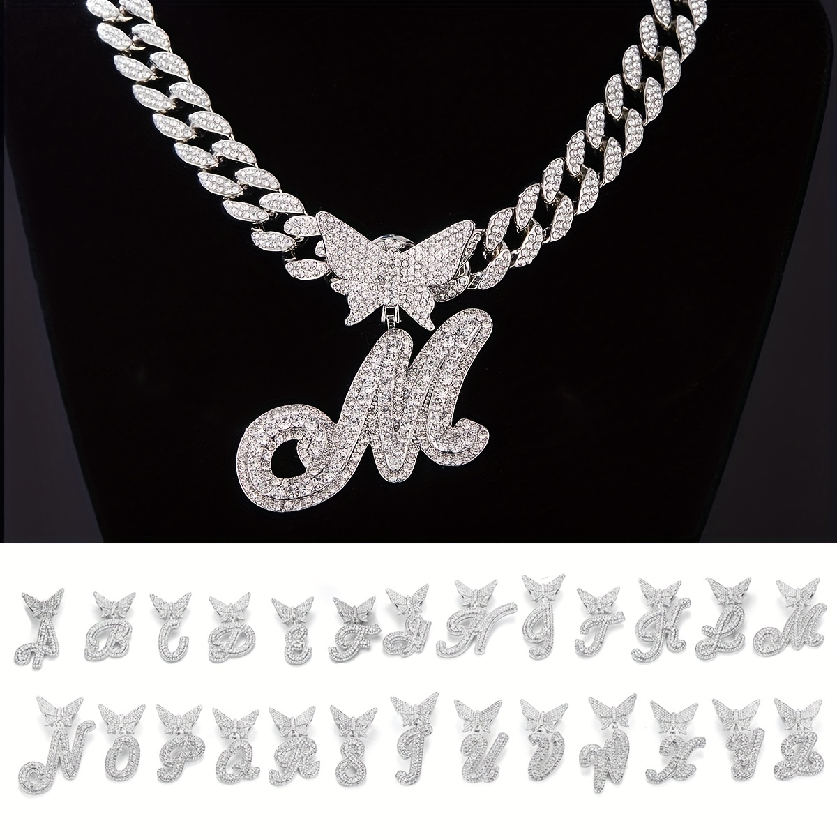 1pc hip hop rhinester italian cursive letters 26 optional butterfly pendant mens necklace street hipster full faux diamond chain link details 2