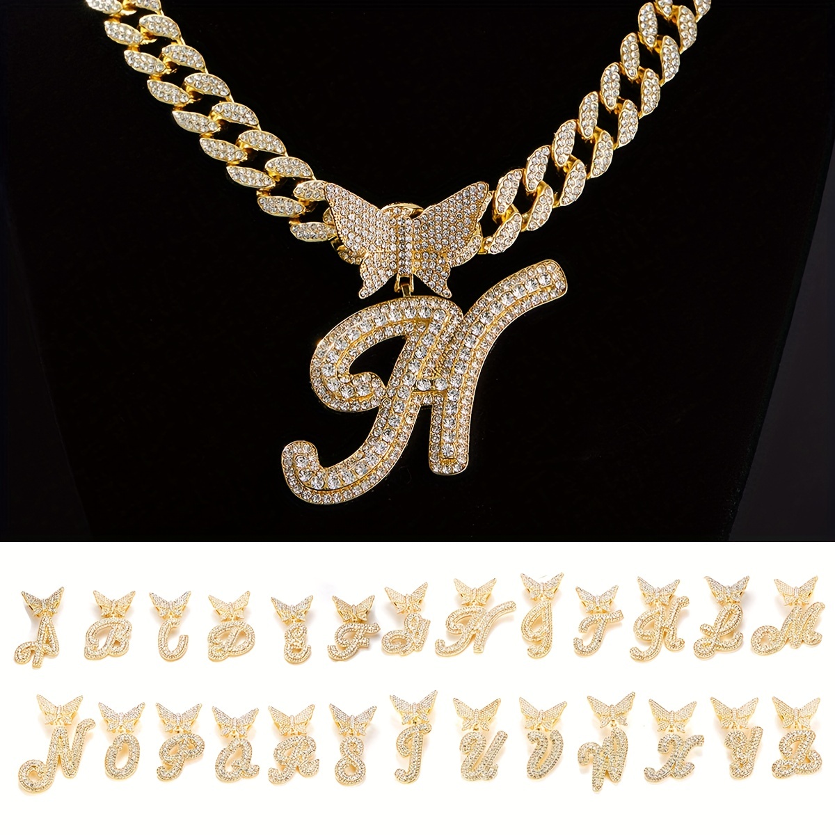 1pc hip hop rhinester italian cursive letters 26 optional butterfly pendant mens necklace street hipster full faux diamond chain link details 3