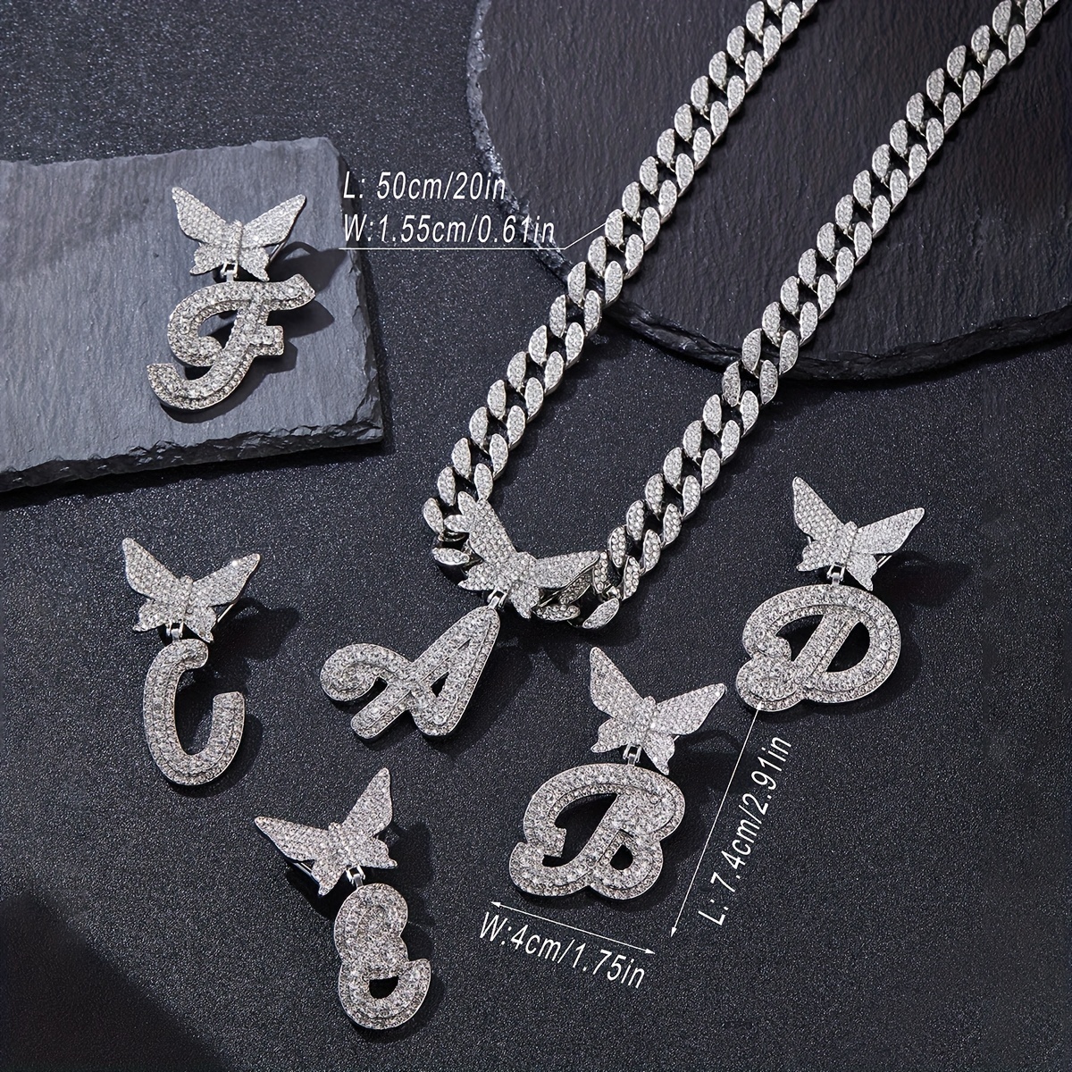 1pc hip hop rhinester italian cursive letters 26 optional butterfly pendant mens necklace street hipster full faux diamond chain link details 7