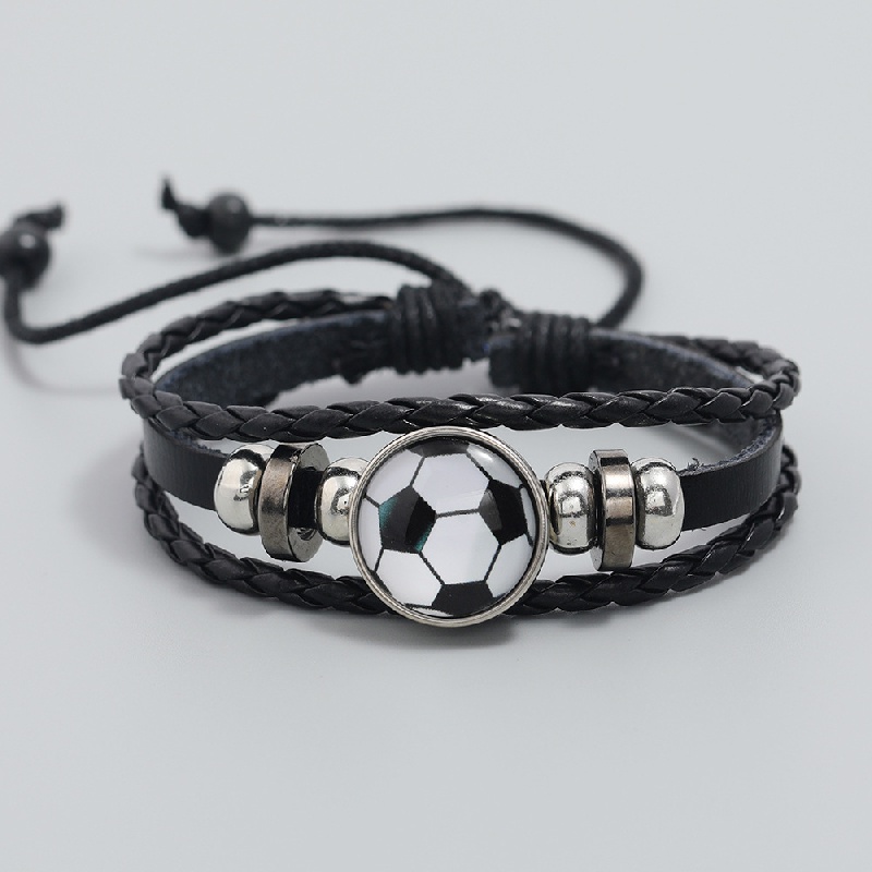 funky beaded football charm leather bracelet mens adjustable braided soccer bracelet details 1