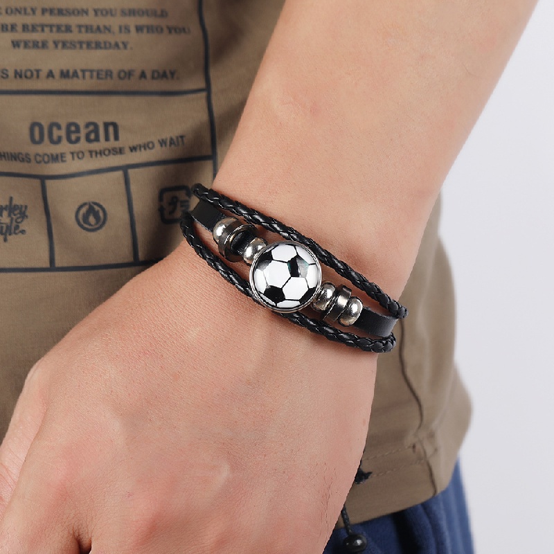 funky beaded football charm leather bracelet mens adjustable braided soccer bracelet details 3