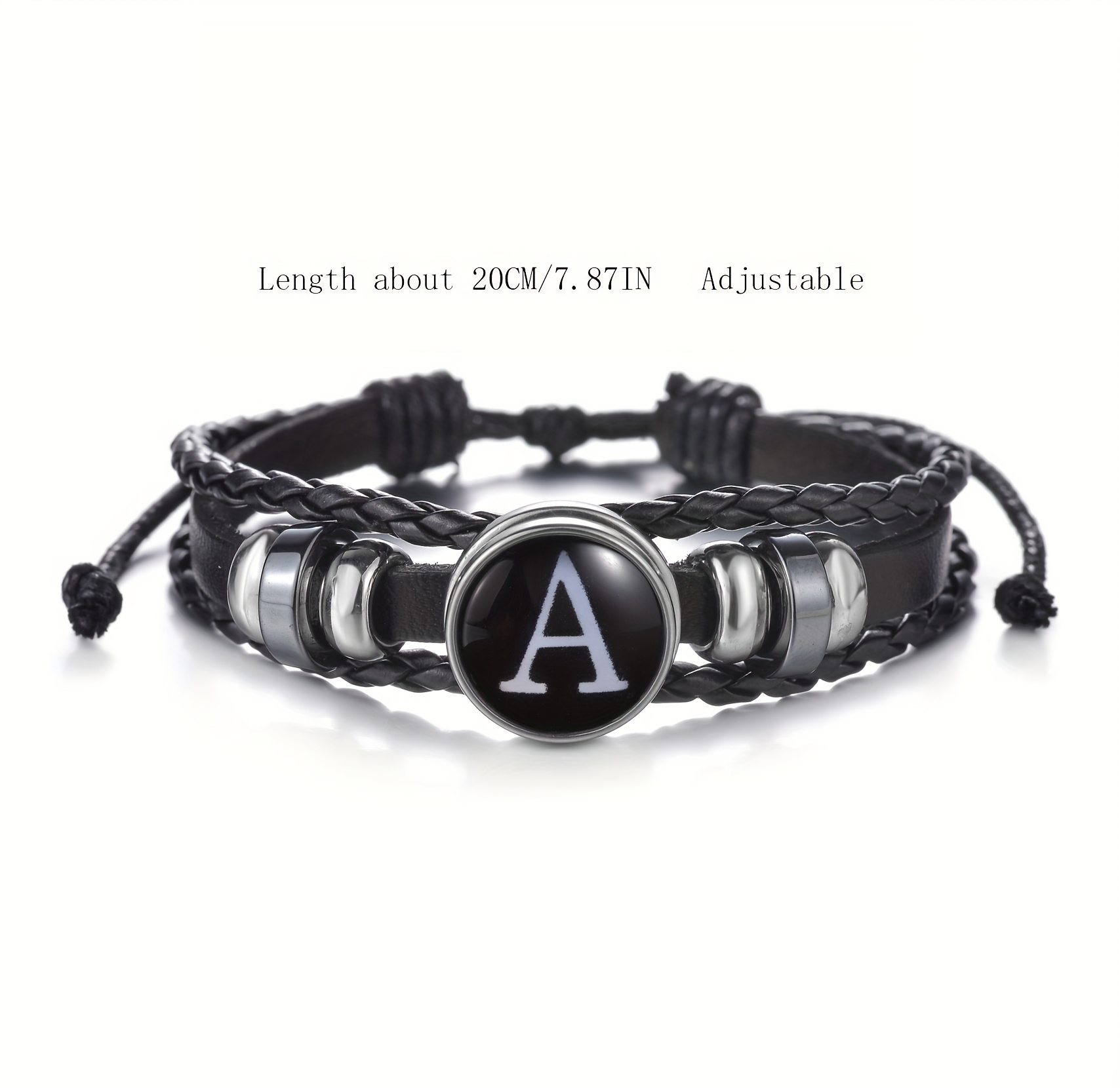 1pc 26 english letters black pu leather bracelet mens vintage punk style adjustable rope chain handmade multilayer beaded bracelet jewelry details 0