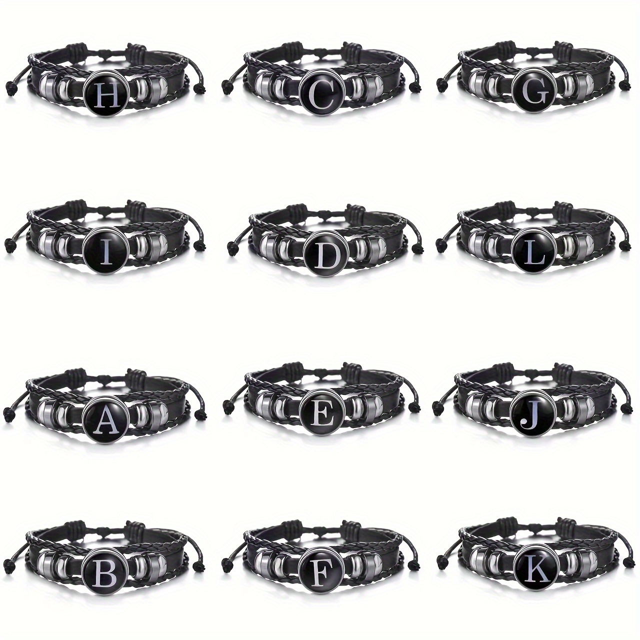 1pc 26 english letters black pu leather bracelet mens vintage punk style adjustable rope chain handmade multilayer beaded bracelet jewelry details 3