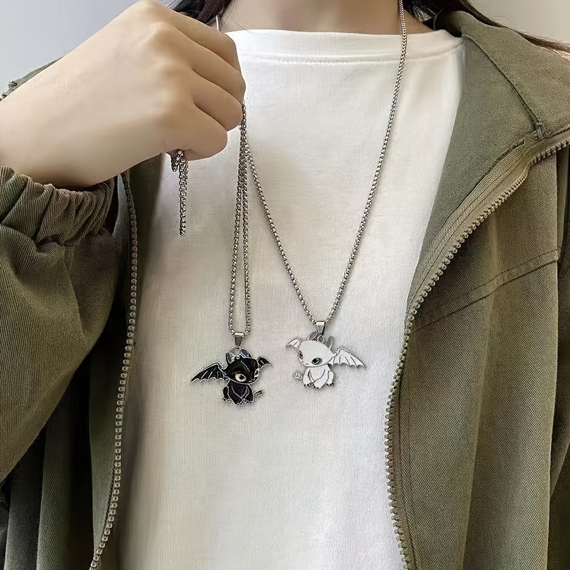 1pc 2pcs mens cartoon black and white double evil necklace personality simple couples pendant sweater chain details 5