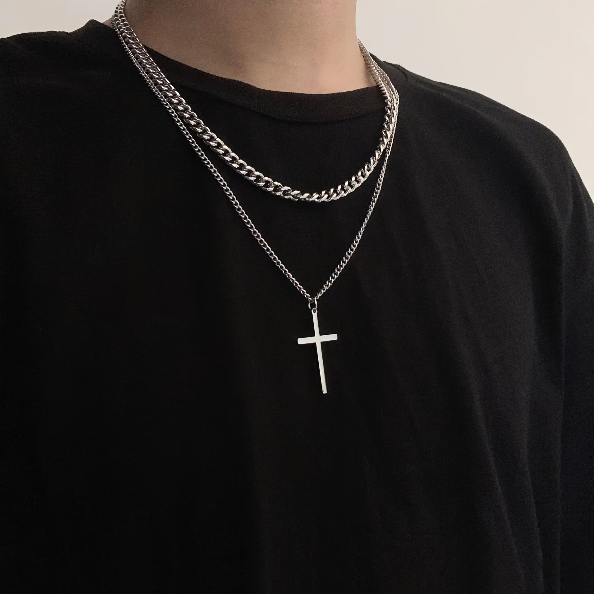 titanium steel double layer cross charm necklace mens trendy hip hop sweater chain accessories details 0