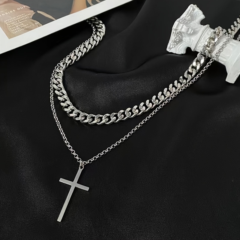 titanium steel double layer cross charm necklace mens trendy hip hop sweater chain accessories details 1