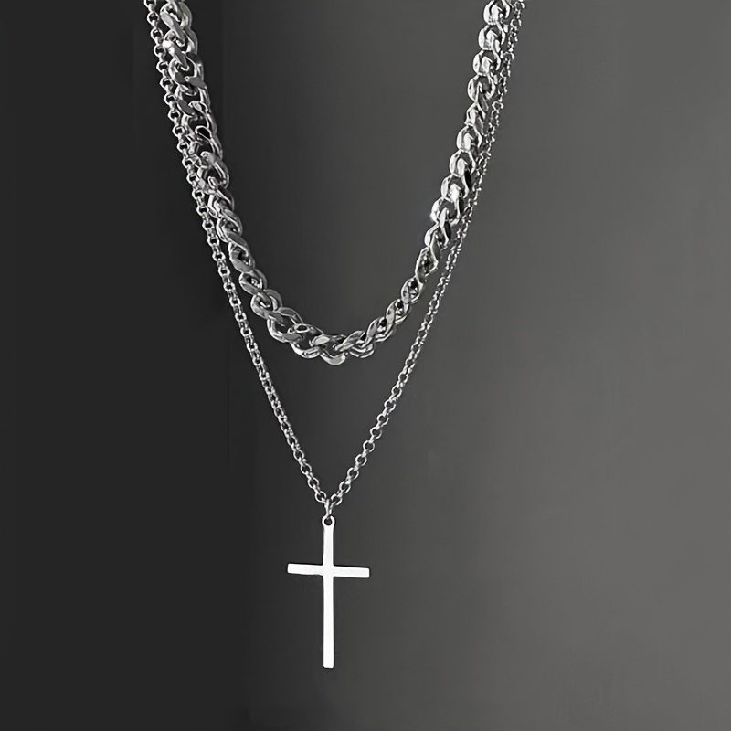 titanium steel double layer cross charm necklace mens trendy hip hop sweater chain accessories details 2