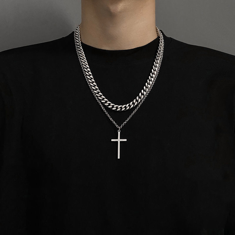 titanium steel double layer cross charm necklace mens trendy hip hop sweater chain accessories details 3