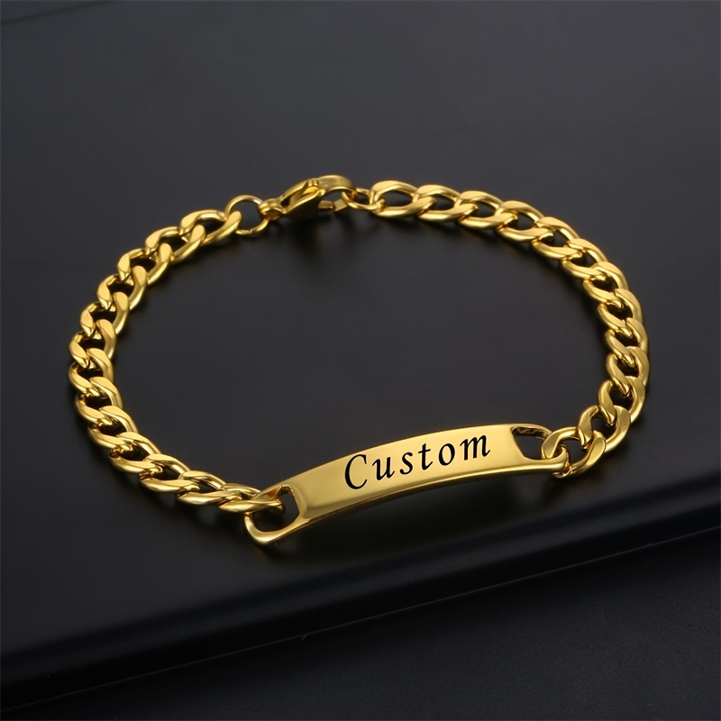 1pc custom engraved name mens bracelet fashion personalized stainless steel golden nameplate bracelet jewelry gift for boyfriend details 2