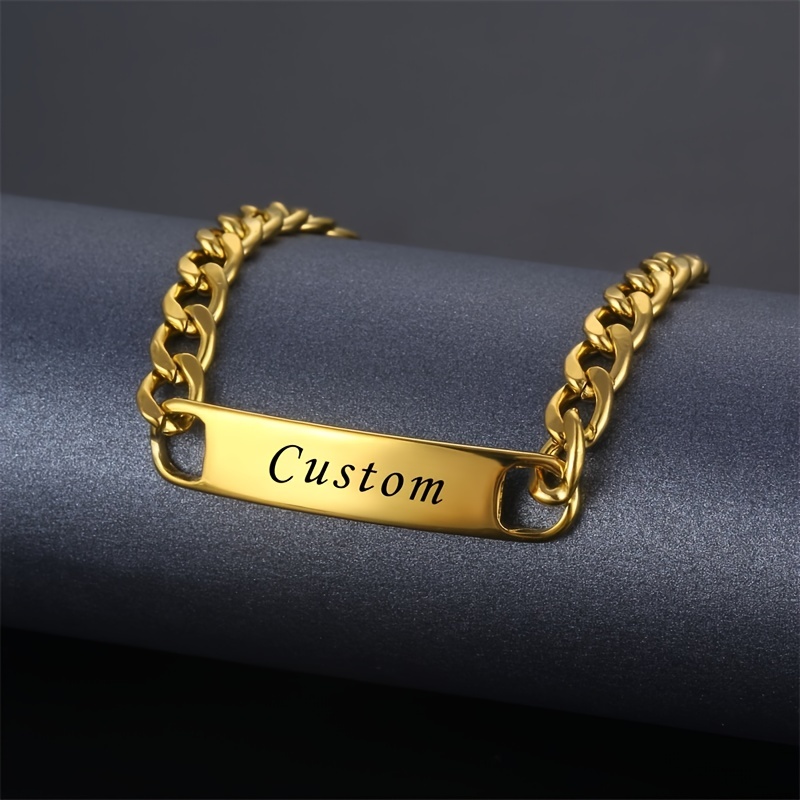 1pc custom engraved name mens bracelet fashion personalized stainless steel golden nameplate bracelet jewelry gift for boyfriend details 7