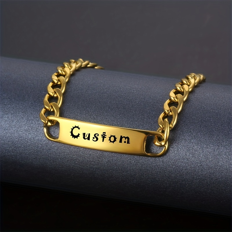 1pc custom engraved name mens bracelet fashion personalized stainless steel golden nameplate bracelet jewelry gift for boyfriend details 8