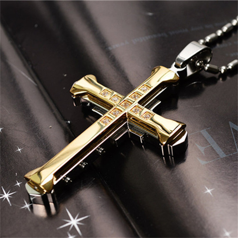 male silver golden black alloy zirconia jesus cross pendant necklace jewelry for men details 4