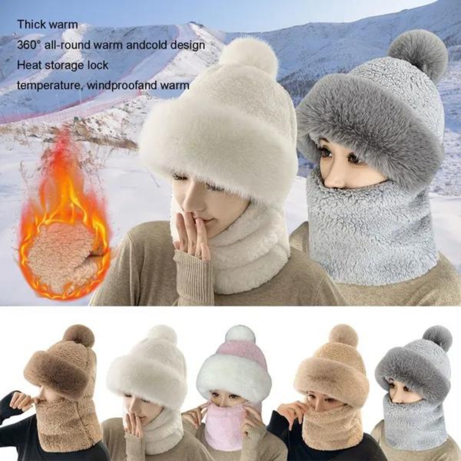 solid color fleece ski mask winter warm hat thick beanie with pom classic coldproof hood scarf neck gaiter outdoor cycling balaclava for women details 1