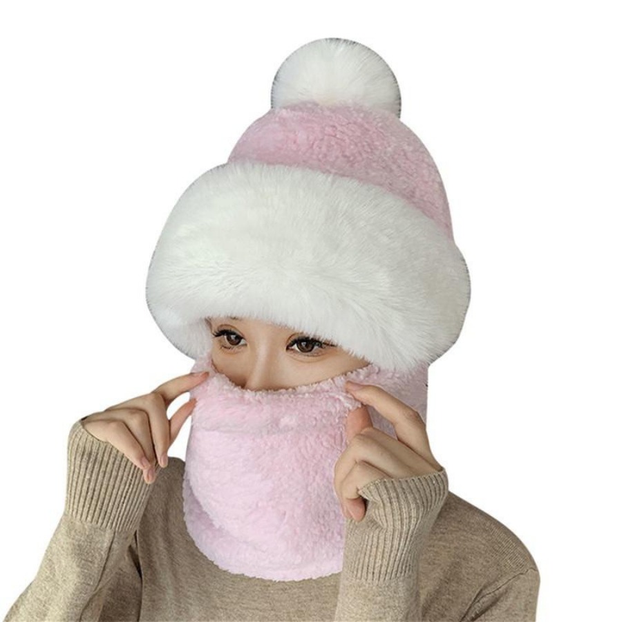 solid color fleece ski mask winter warm hat thick beanie with pom classic coldproof hood scarf neck gaiter outdoor cycling balaclava for women details 2