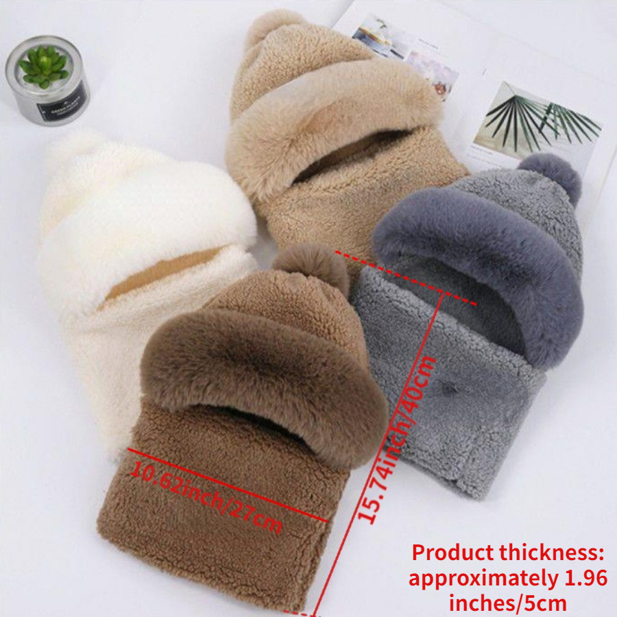 solid color fleece ski mask winter warm hat thick beanie with pom classic coldproof hood scarf neck gaiter outdoor cycling balaclava for women details 3