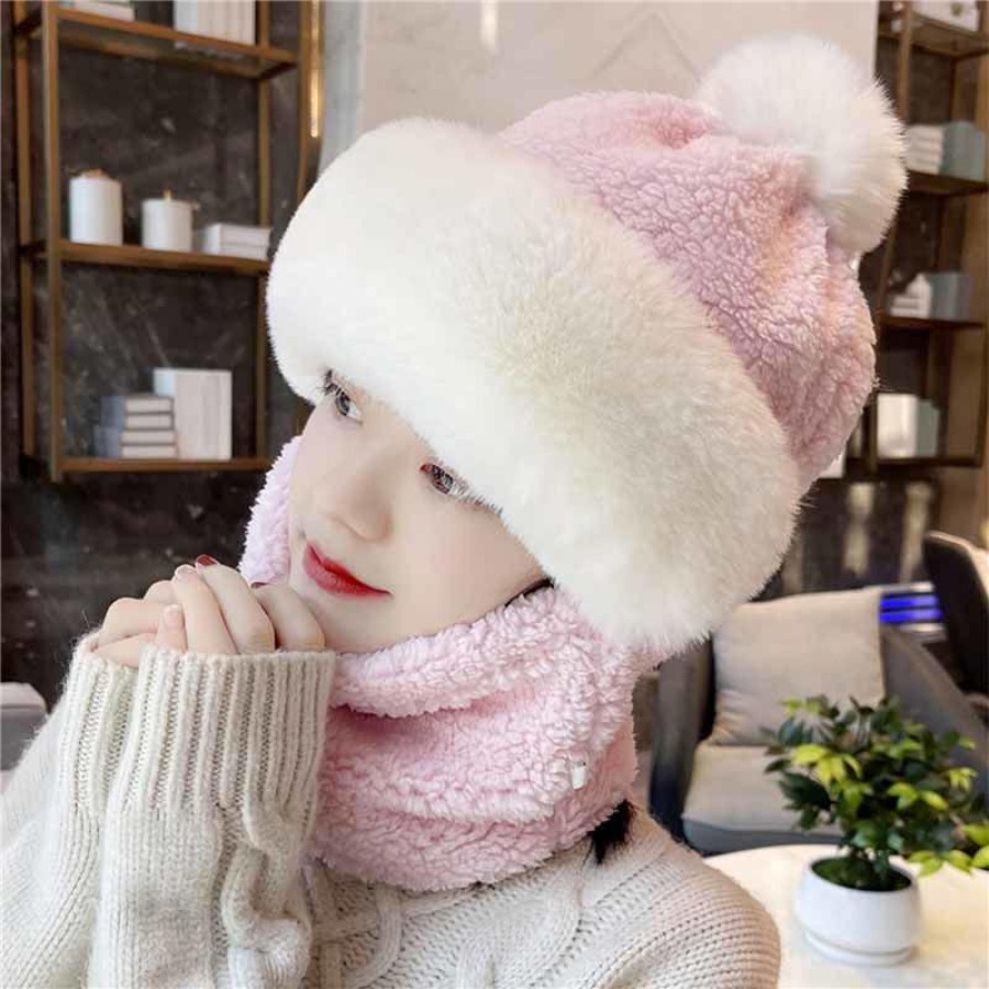 solid color fleece ski mask winter warm hat thick beanie with pom classic coldproof hood scarf neck gaiter outdoor cycling balaclava for women details 6