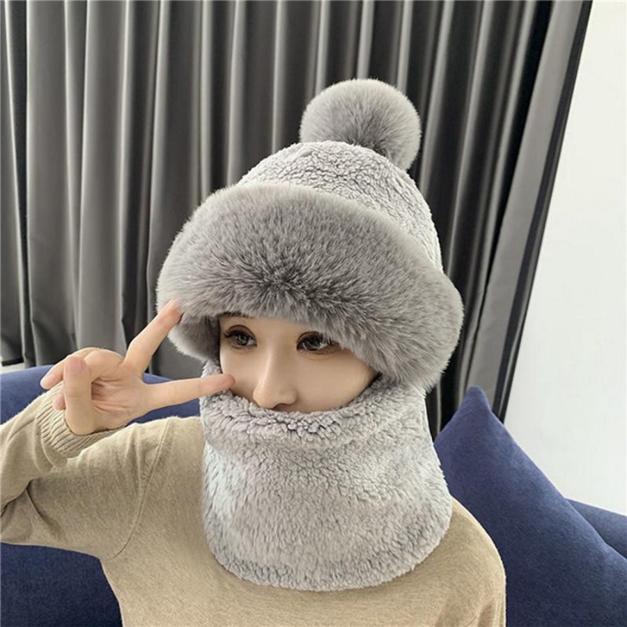 solid color fleece ski mask winter warm hat thick beanie with pom classic coldproof hood scarf neck gaiter outdoor cycling balaclava for women details 8