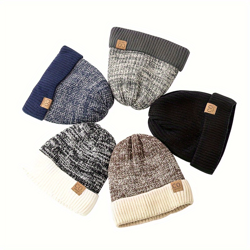 thickened color block fleece beanie classic coldproof knit hats unisex elastic skull cap cuffed beanies for women men autumn winter details 0