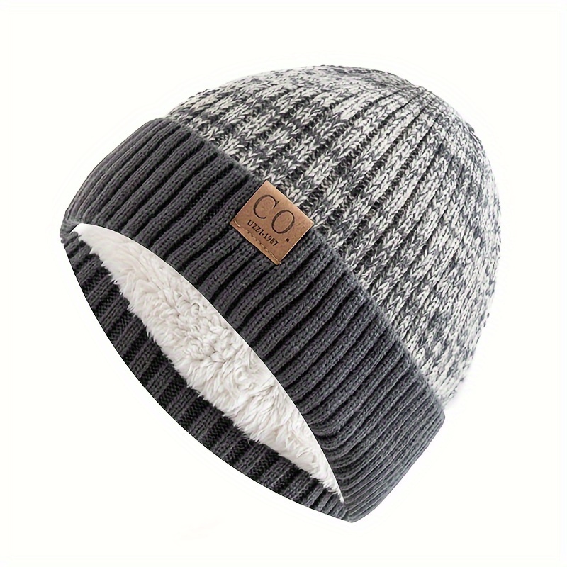 thickened color block fleece beanie classic coldproof knit hats unisex elastic skull cap cuffed beanies for women men autumn winter details 3