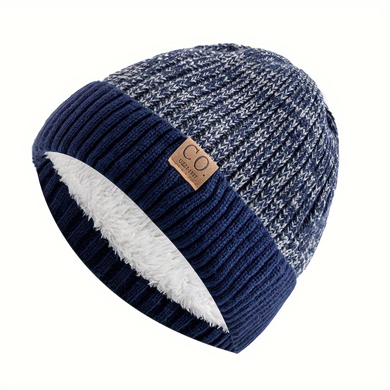 thickened color block fleece beanie classic coldproof knit hats unisex elastic skull cap cuffed beanies for women men autumn winter details 4