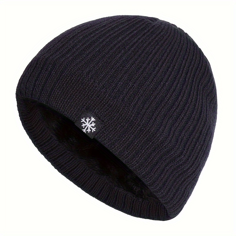 snowflake label patch knitted beanie unisex thicken warm knit hat lightweight ear protection windproof slouchy hat for women men cold weather details 7