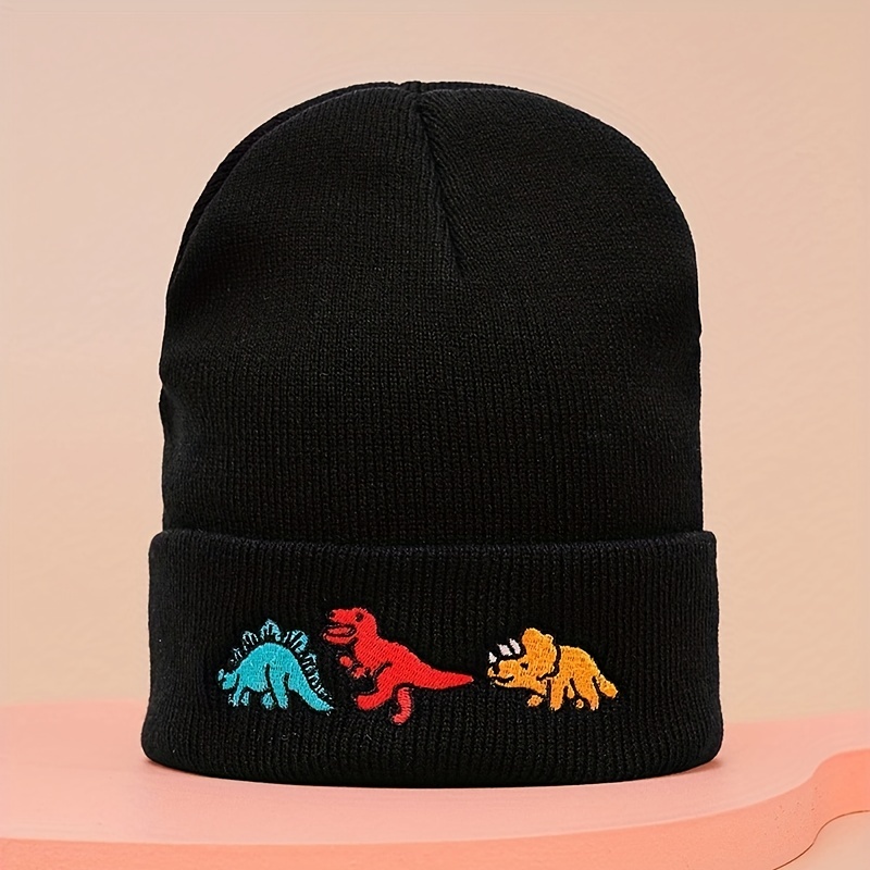 dinosaur embroidery graphic beanie solid color trendy couple beanies elastic knit hats warm skull cap for women men details 1