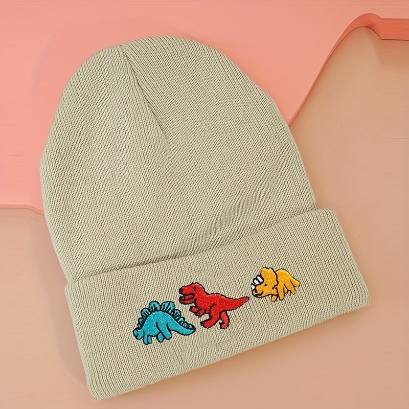 dinosaur embroidery graphic beanie solid color trendy couple beanies elastic knit hats warm skull cap for women men details 5