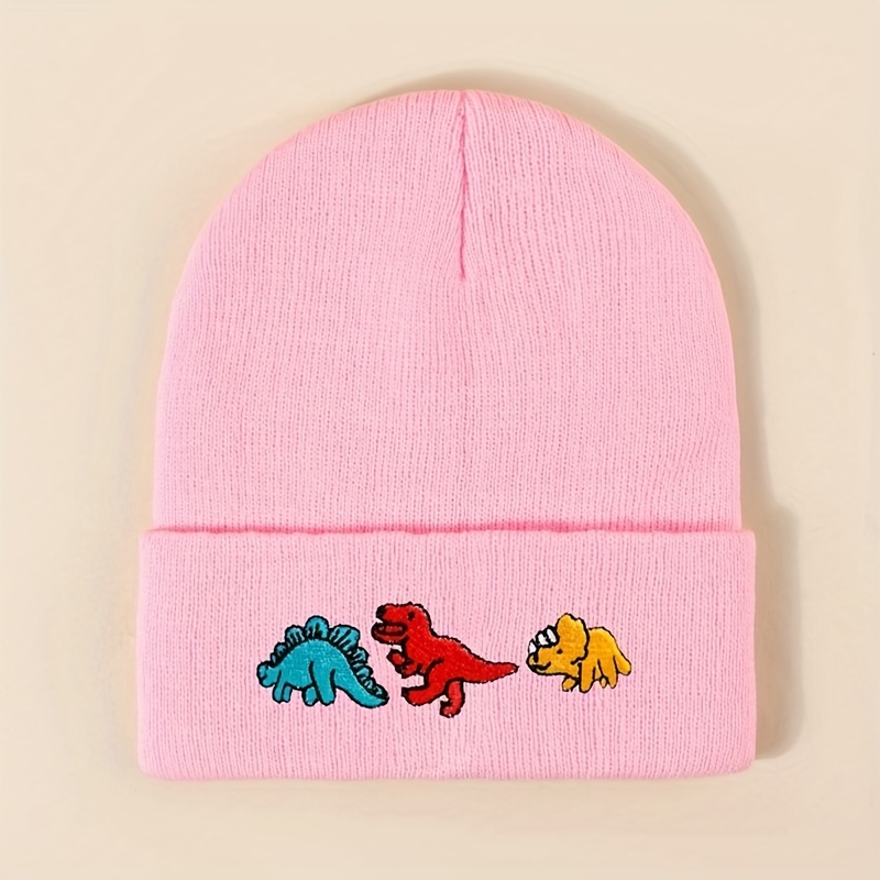 dinosaur embroidery graphic beanie solid color trendy couple beanies elastic knit hats warm skull cap for women men details 9