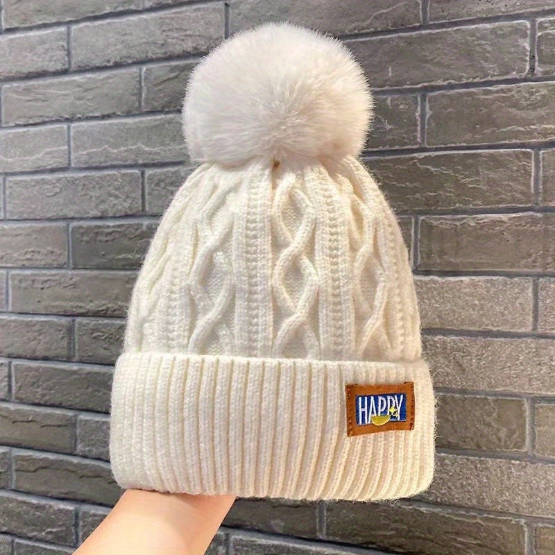 winter warm beanie with pom ribbed beanies classic label patch elastic knit hats cuffed skull cap coldproof ski hat for women details 2