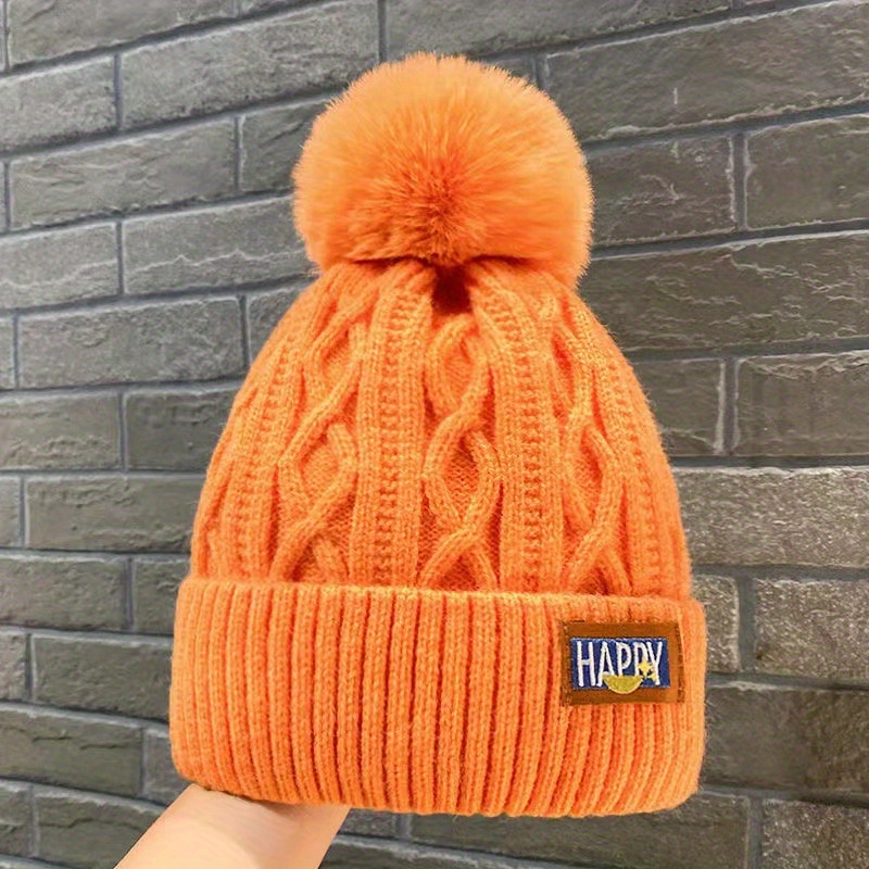 winter warm beanie with pom ribbed beanies classic label patch elastic knit hats cuffed skull cap coldproof ski hat for women details 5