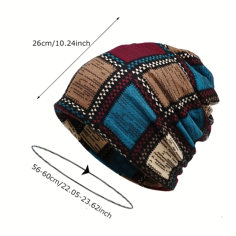 vintage printed slouchy beanie classic color block elastic skull cap boho neck gaiter windproof beanies for women men autumn winter details 1