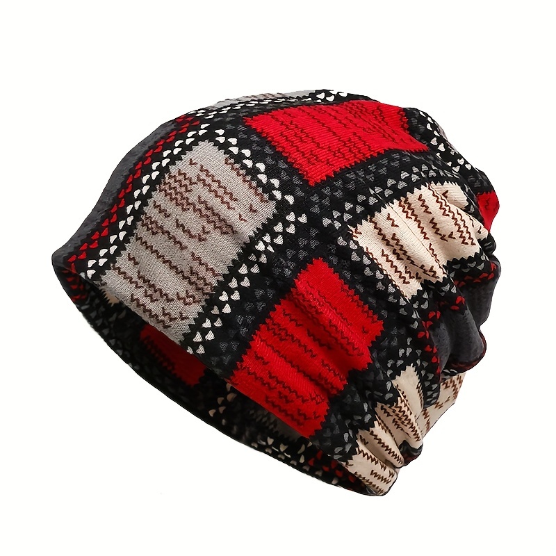 vintage printed slouchy beanie classic color block elastic skull cap boho neck gaiter windproof beanies for women men autumn winter details 8