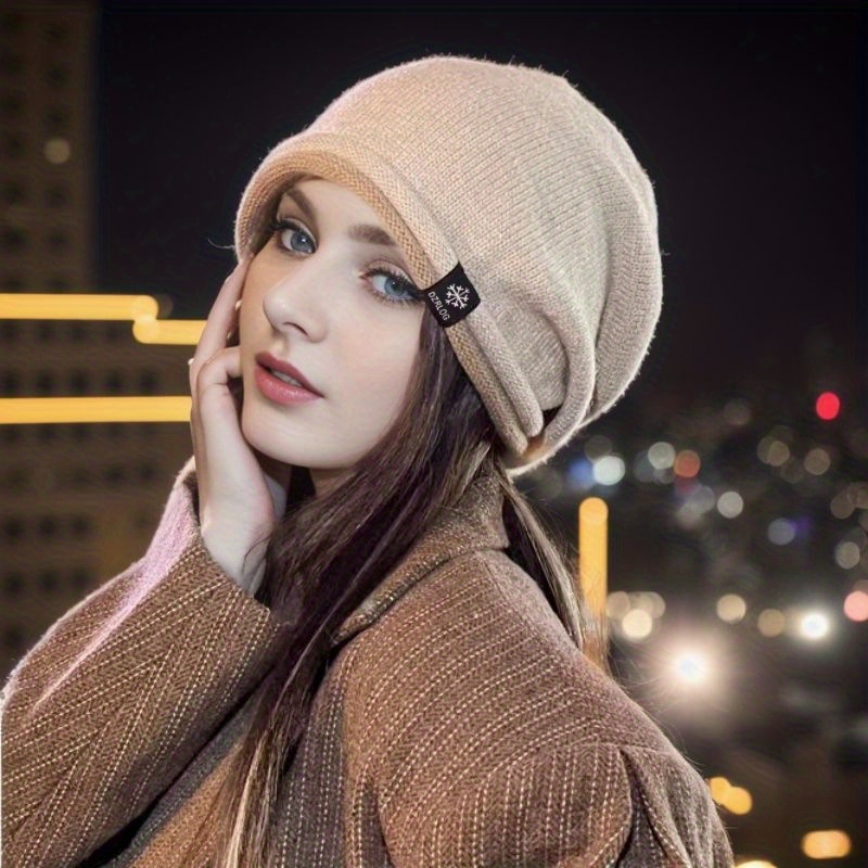 unisex trendy slouchy beanie solid color coldproof skull cap lightweight elastic knit hats label patch beanies for women details 2