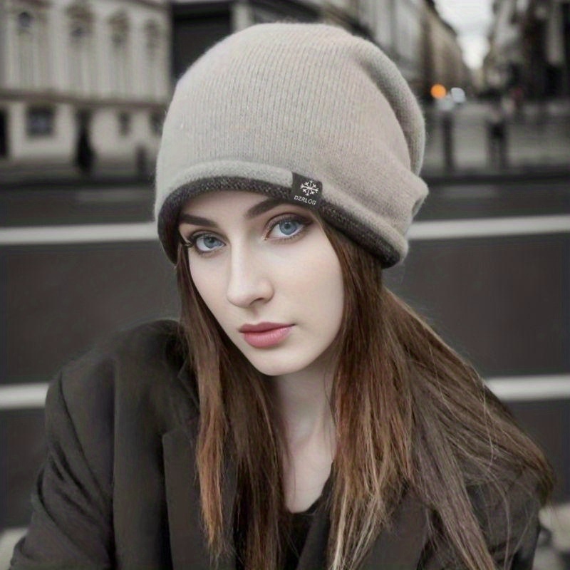 unisex trendy slouchy beanie solid color coldproof skull cap lightweight elastic knit hats label patch beanies for women details 4