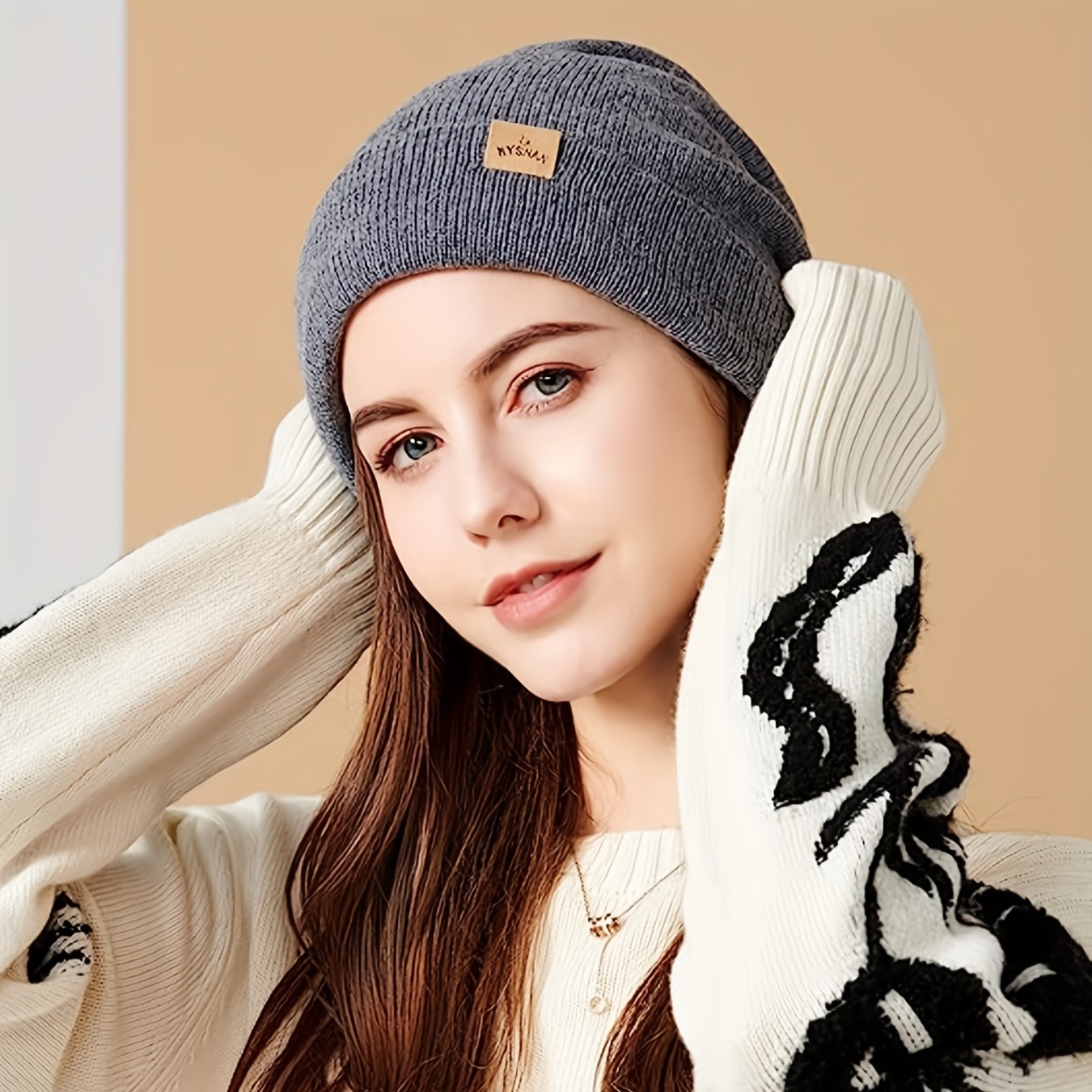 merino wool warm beanie label decor unisex knit hat double layer windproof skull cap elastic beanies ski hats for women men autumn winter details 1