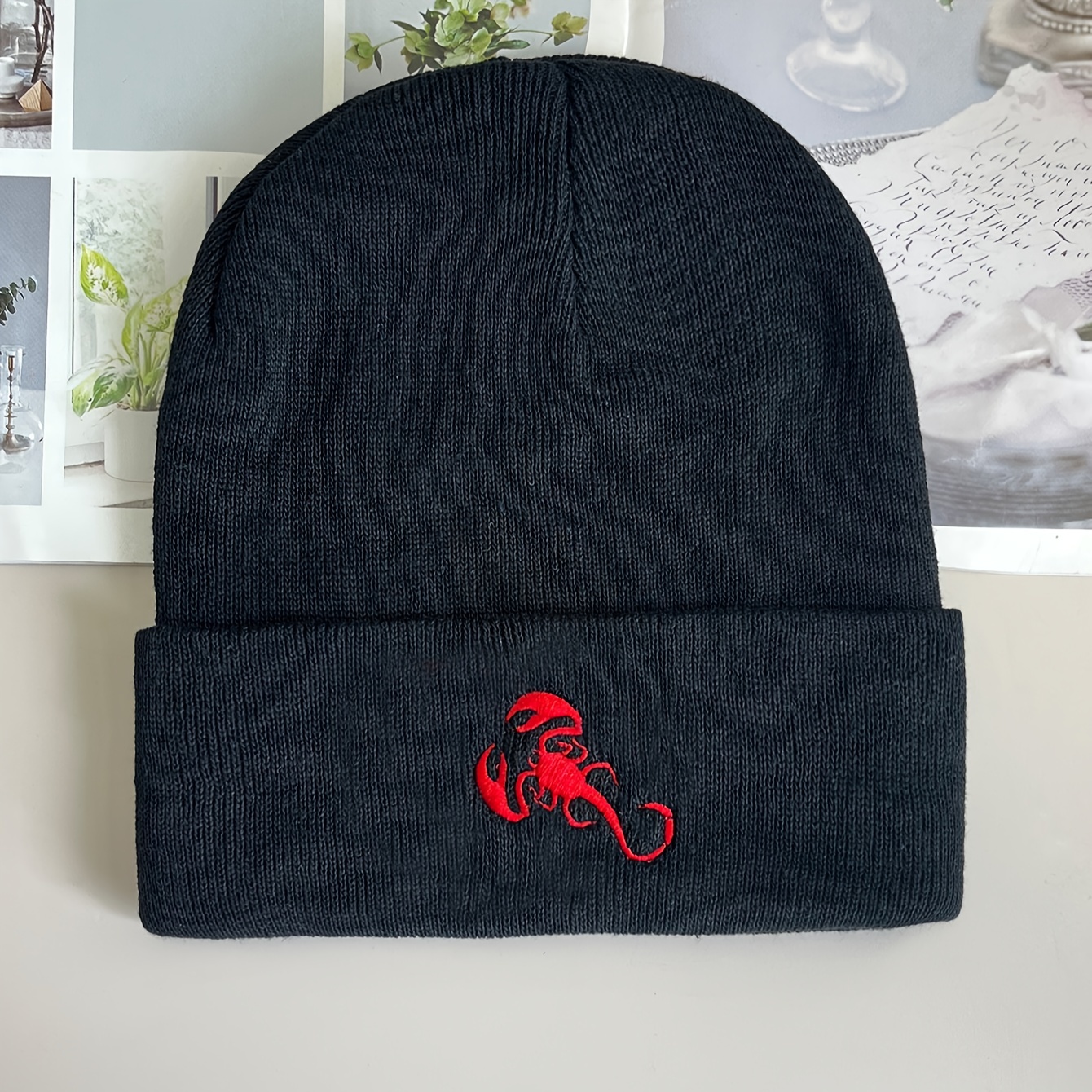 red scorpion embroidery graphic beanie simple casual elastic knit hats black cuffed beanies warm skull cap for women men details 1