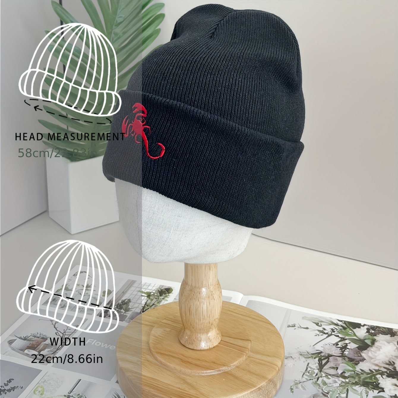 red scorpion embroidery graphic beanie simple casual elastic knit hats black cuffed beanies warm skull cap for women men details 3