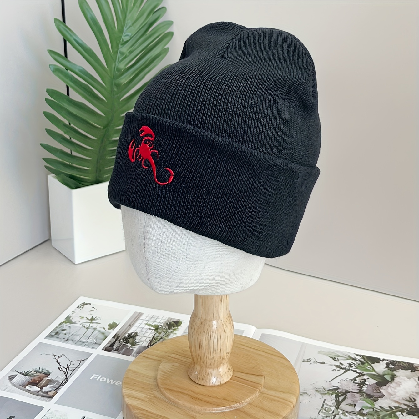 red scorpion embroidery graphic beanie simple casual elastic knit hats black cuffed beanies warm skull cap for women men details 5