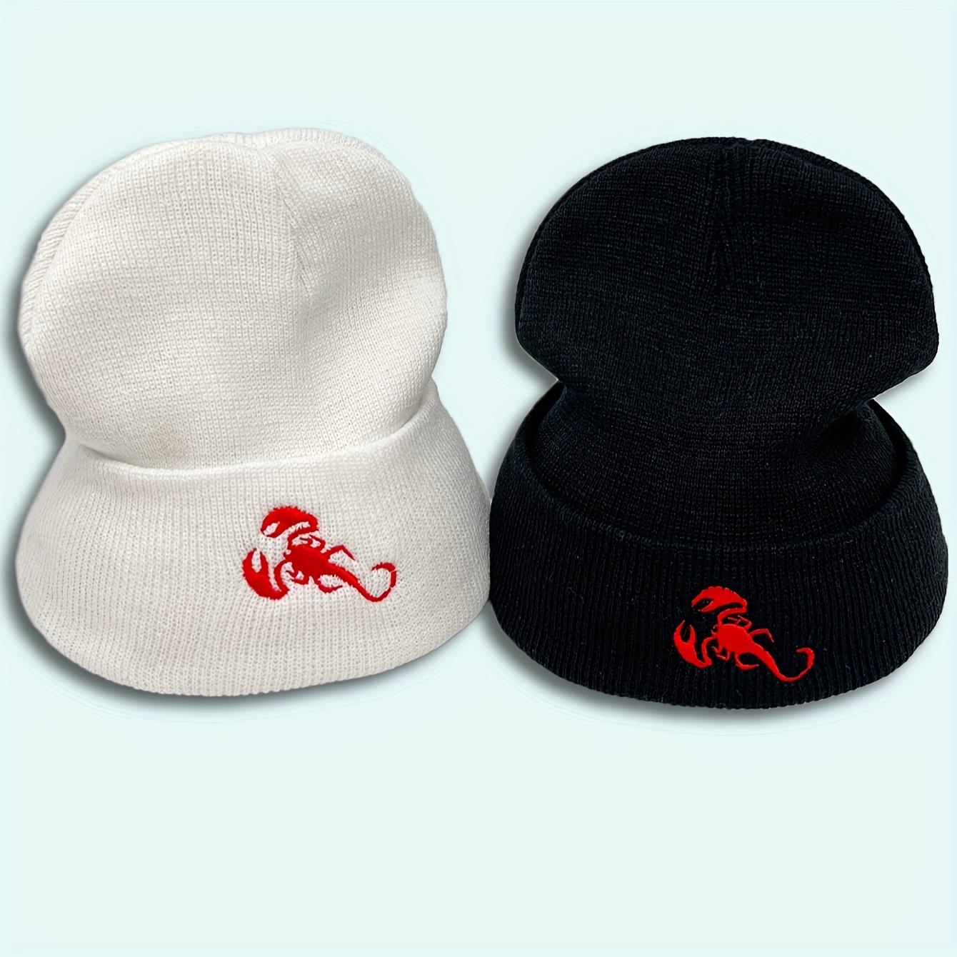 red scorpion embroidery graphic beanie simple casual elastic knit hats black cuffed beanies warm skull cap for women men details 6