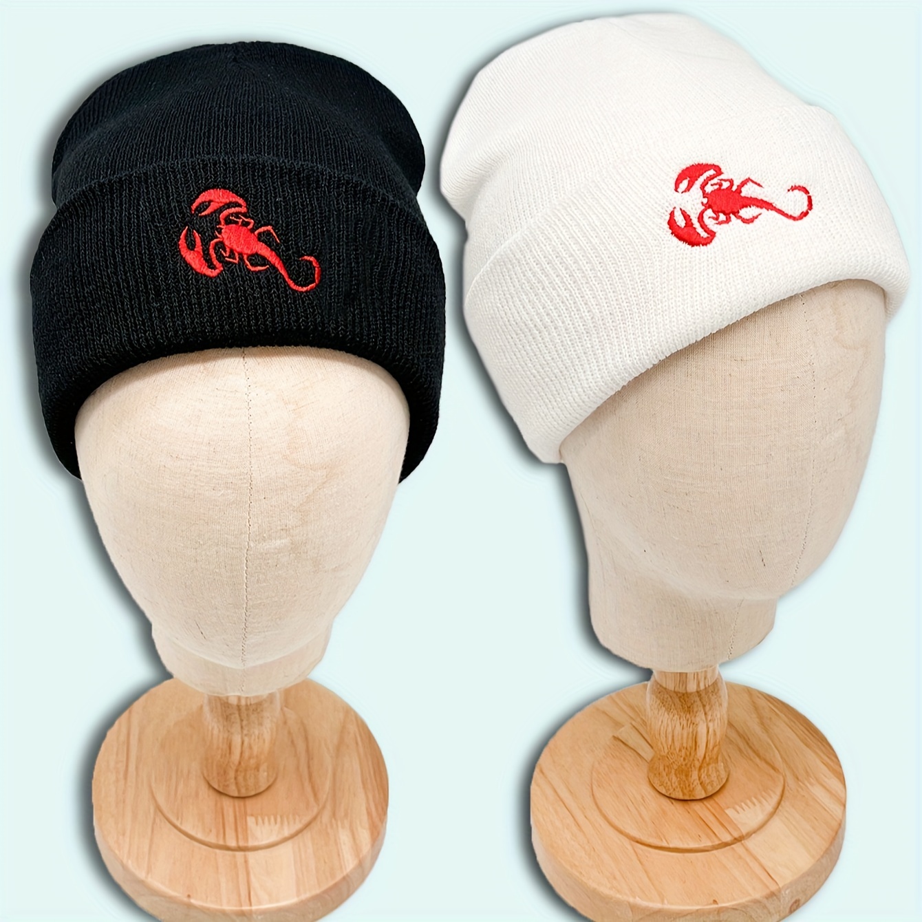 red scorpion embroidery graphic beanie simple casual elastic knit hats black cuffed beanies warm skull cap for women men details 7