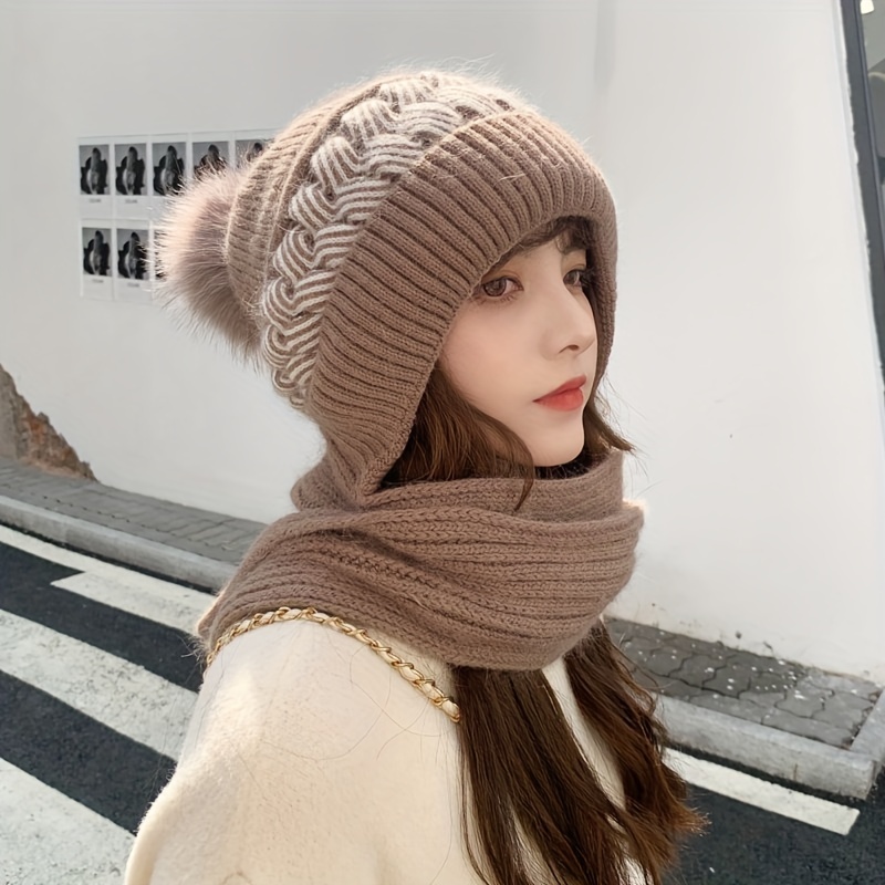 classic knit hood scarf soft elastic beanie with pom thick coldproof plush ear warmer knit hats for women winter outdoor details 3