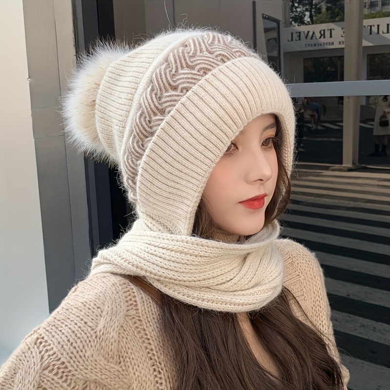 classic knit hood scarf soft elastic beanie with pom thick coldproof plush ear warmer knit hats for women winter outdoor details 4