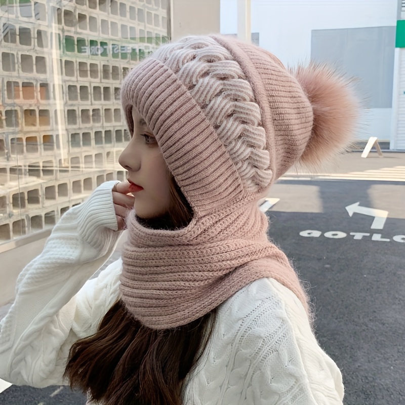 classic knit hood scarf soft elastic beanie with pom thick coldproof plush ear warmer knit hats for women winter outdoor details 5