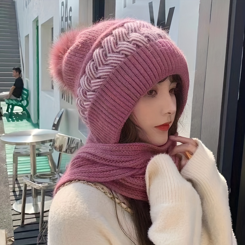 classic knit hood scarf soft elastic beanie with pom thick coldproof plush ear warmer knit hats for women winter outdoor details 6