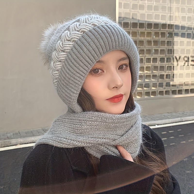 classic knit hood scarf soft elastic beanie with pom thick coldproof plush ear warmer knit hats for women winter outdoor details 7