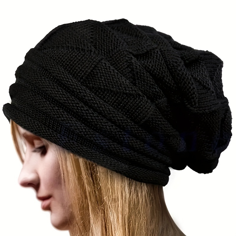 oversized slouchy beanie solid color winter knit hat elastic skull cap striped knitted warm ski hats beanies for women outdoor details 0